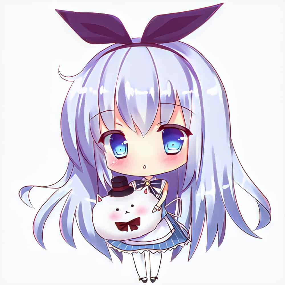 A periwinkle-haired chibi anime girl holding a chibi cat