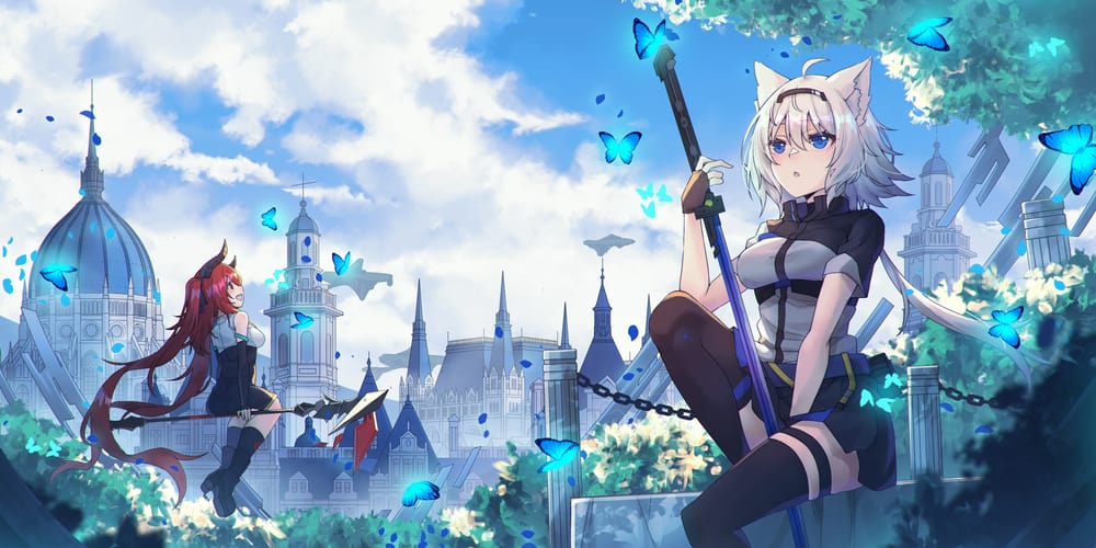 two catgirls sit in front of a picturesque city