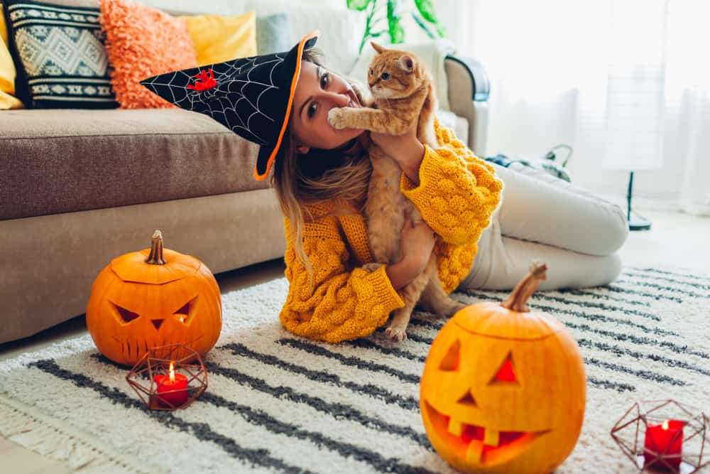 woman witch hat orange cat pumpkin