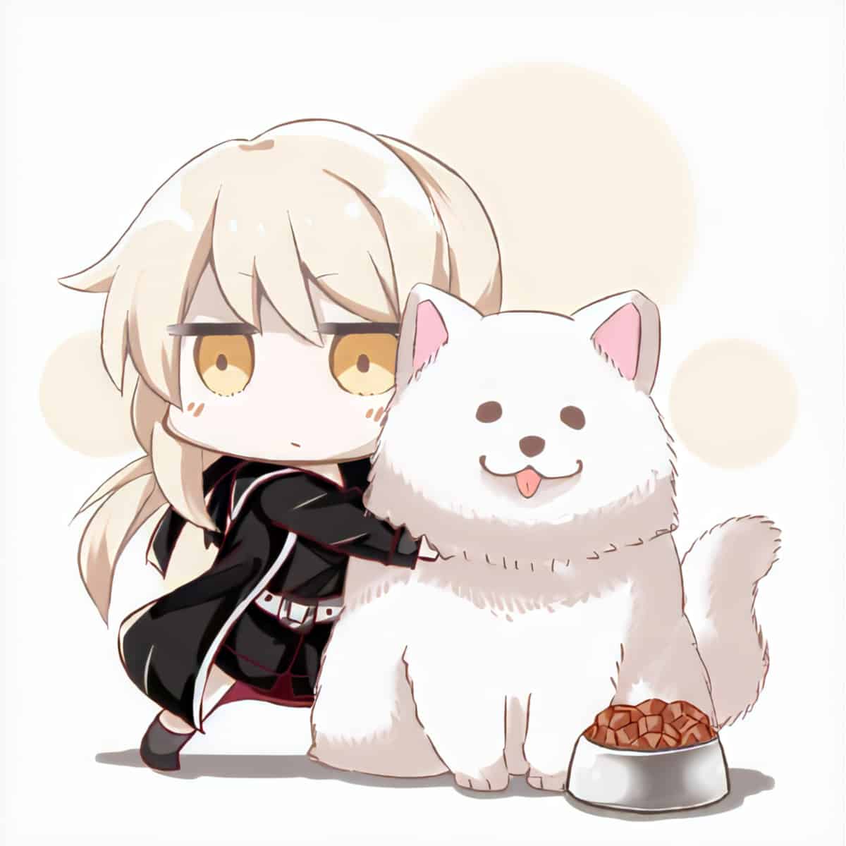 A blonde chibi anime girl hugging a white dog