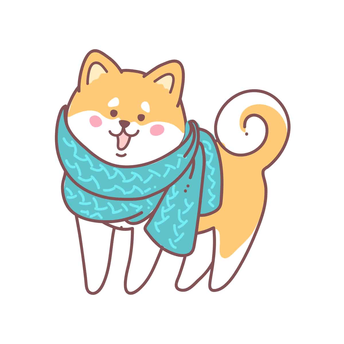 A drawing of a happy shiba inu wearing a green scarf