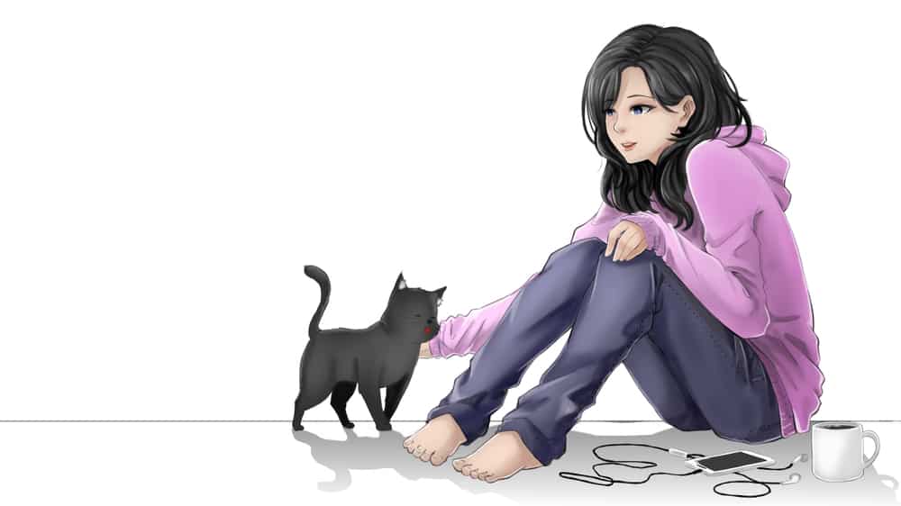 girl with cat in anime style